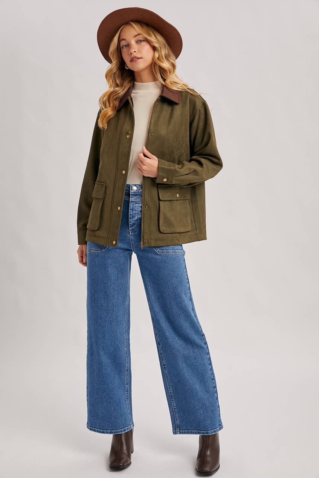 Bluivy - BUTTON DOWN FAUX SUEDE BARBOUR JACKET: OLIVE