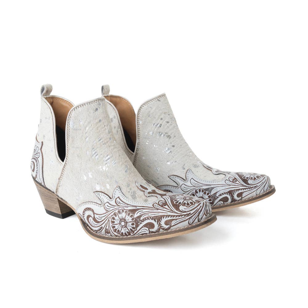 Starlit Range Hand tooled Leather Booties in Frosted Mist