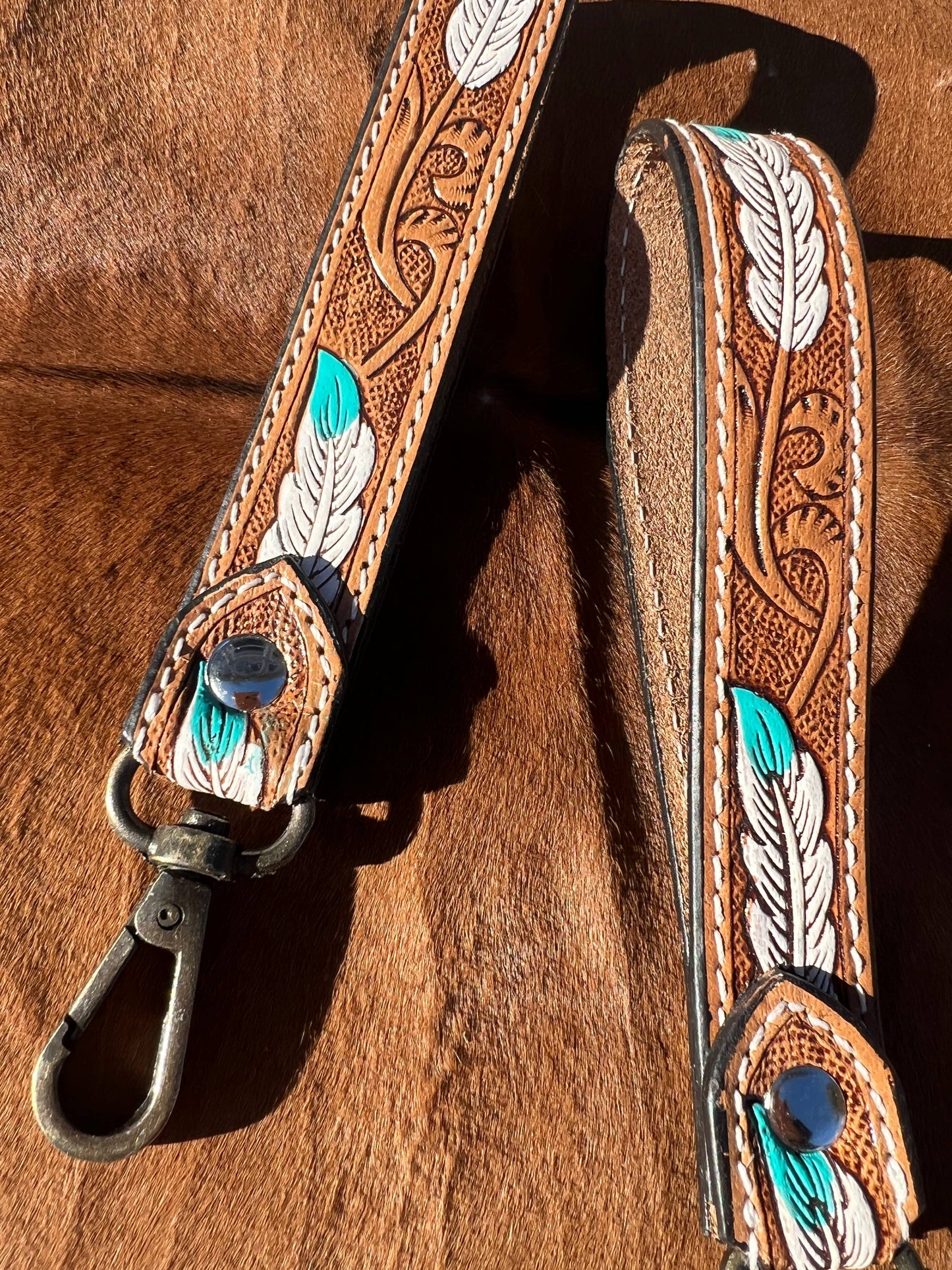 Tooled Leather Western Feather Wrist Strap Keychain - Feather