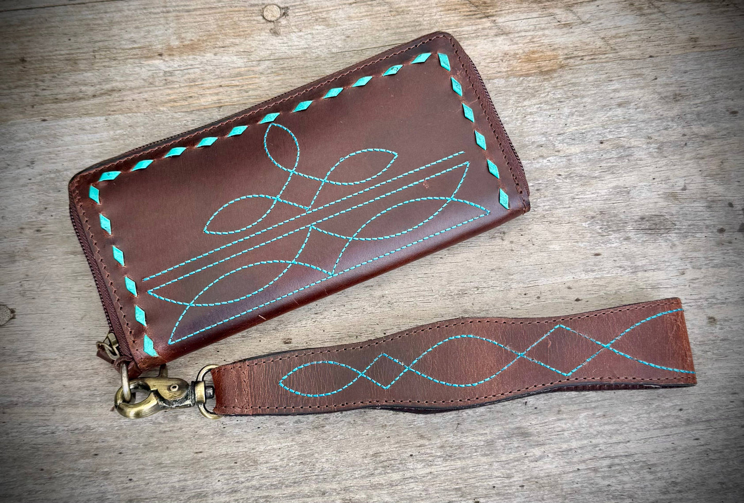 Leather Boot Stitch Zipper Wallet Wristlet