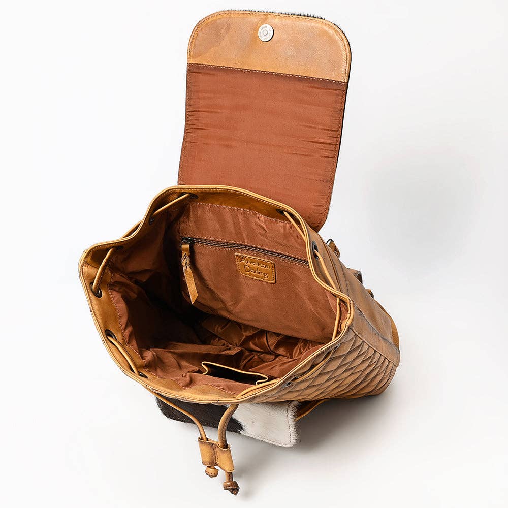 Quilted Leather & Cowhide Boot Stich Western Backpack - Handcrafted Drawstring Rodeo Bag