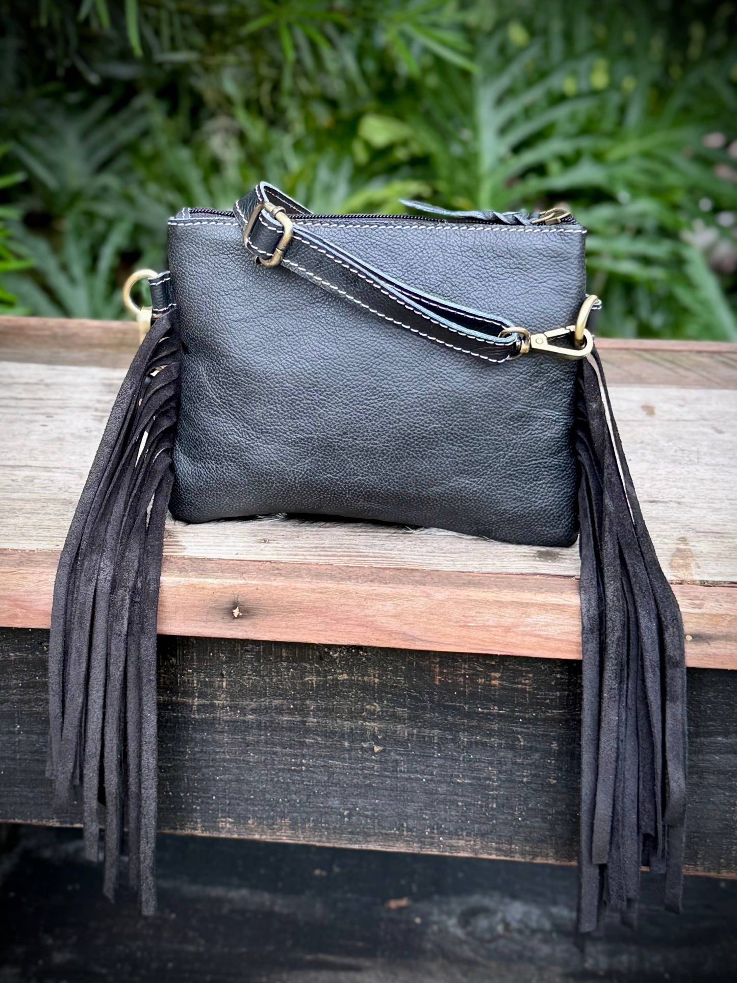 Upcycled LV Cowhide Leather Crossbody Wristlet Bag Western