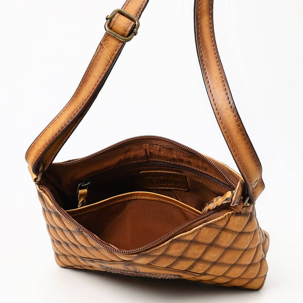 American Darling Quilted Tan Leather Crossbody Bag - Western Boot Stitch Small Rodeo Purse