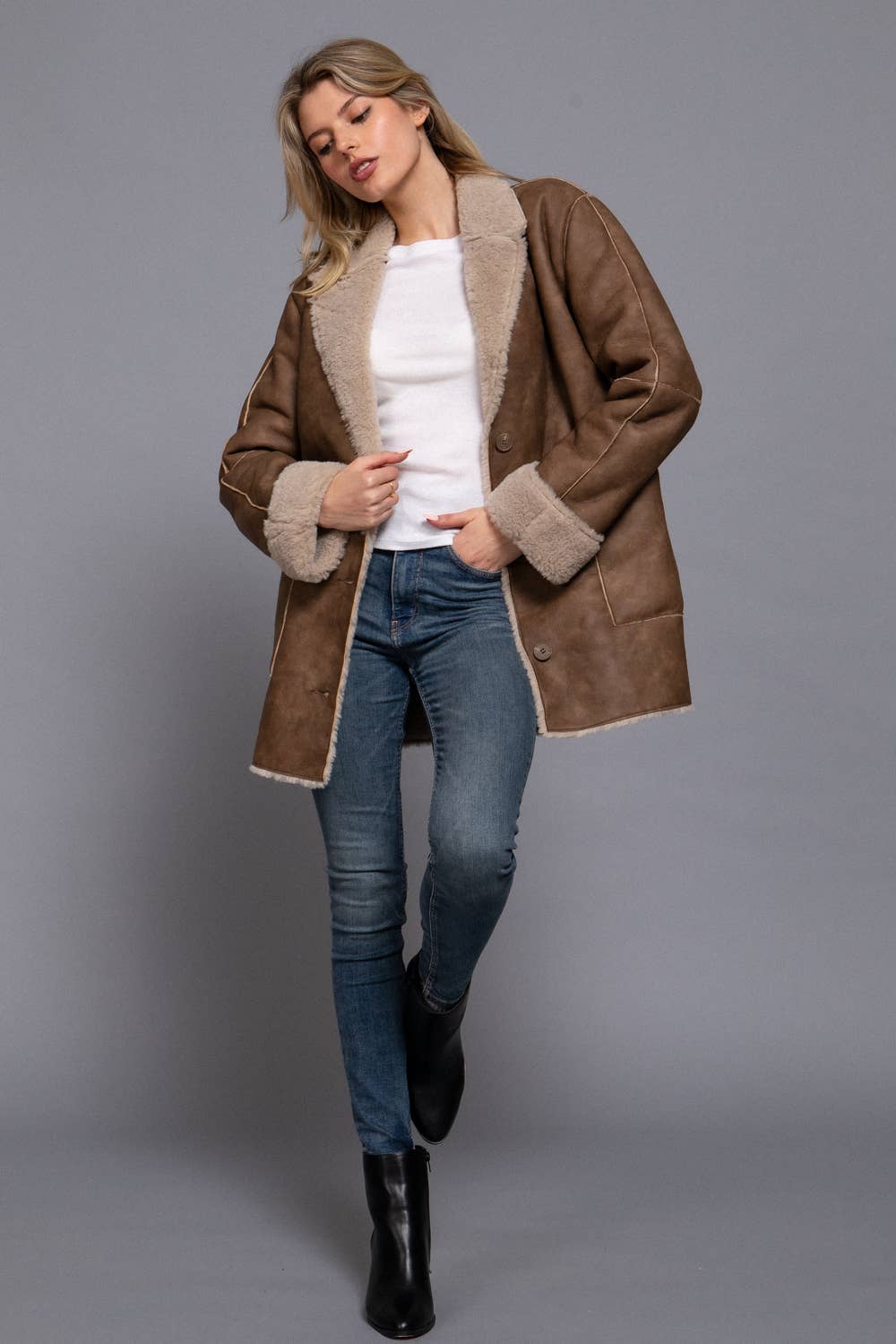Lapel Collar Button Down Double Sided Faux Leather Coat