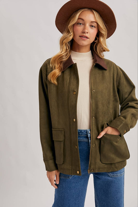 Bluivy - BUTTON DOWN FAUX SUEDE BARBOUR JACKET: OLIVE