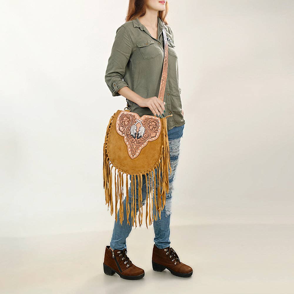 American Darling Western Feather Tooled Leather Large Crossbody Bag with Fringe