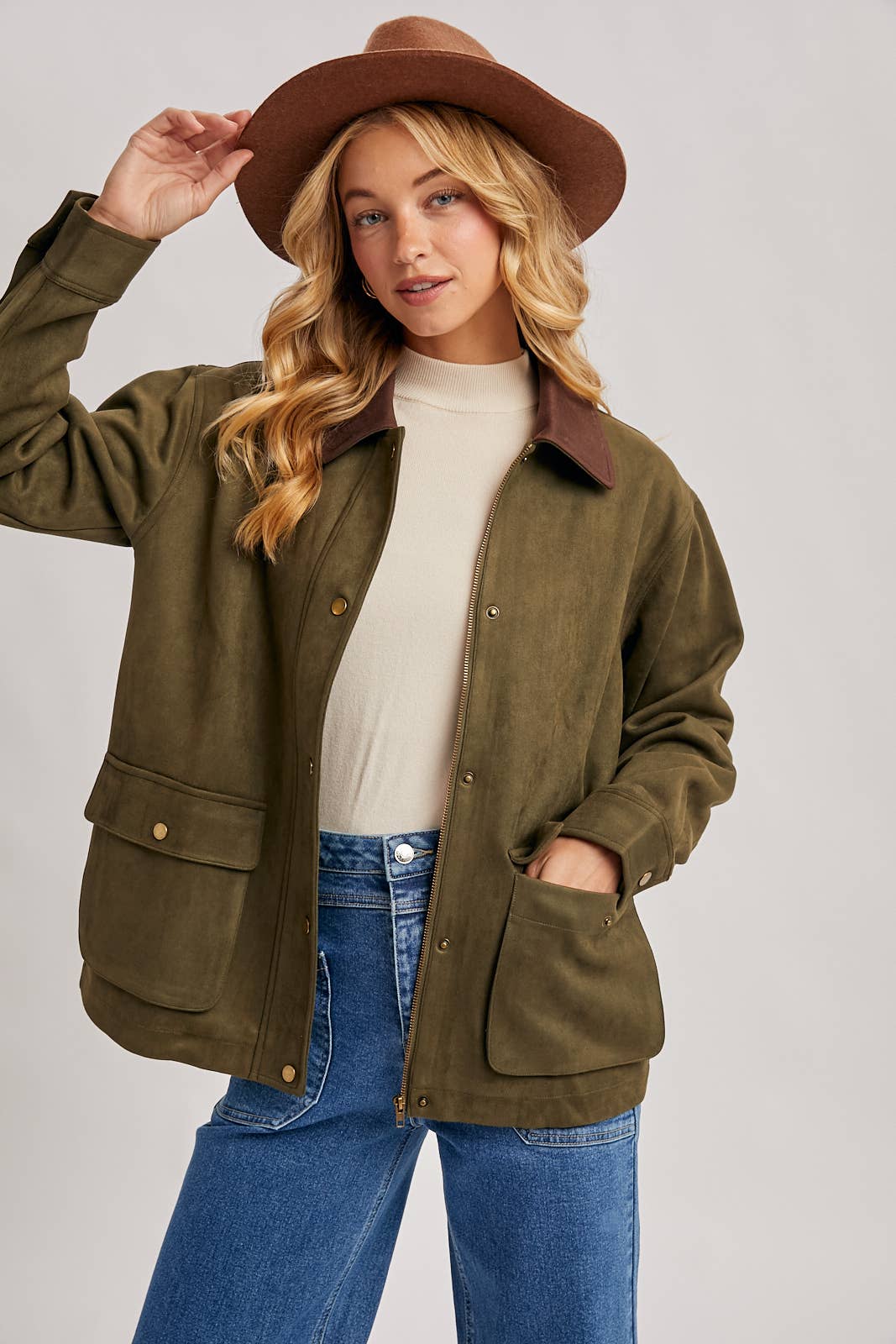 Bluivy - BUTTON DOWN FAUX SUEDE BARBOUR JACKET: OLIVE