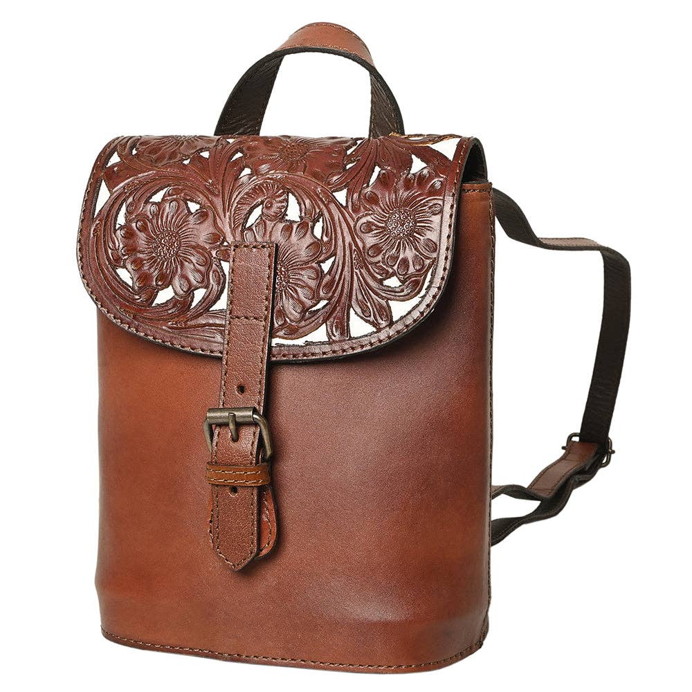 Backpack Genuine Leather Hand tooled backpack - brown