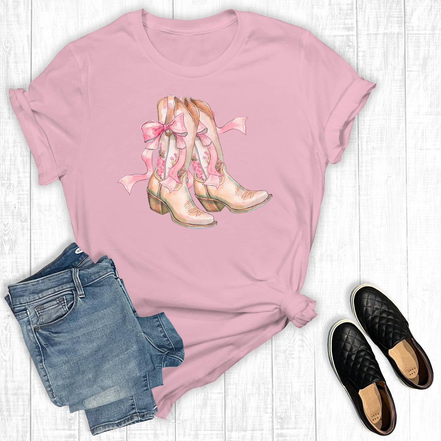 Western Coquette Boots Graphic Tee: Light Pink Short Sleeve