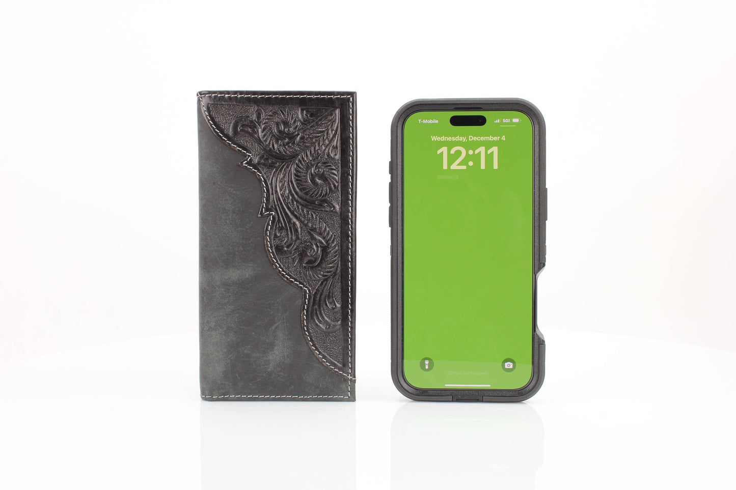 American Bison Oil Pull Up Tooled Leather Accent Rodeo Wallet Black