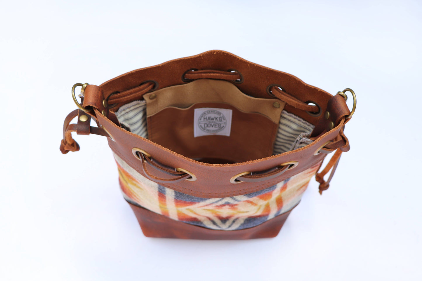 Hawks & Doves - Convertible Drawstring Leather Bag with Wool: Brown / Blue Arroyo