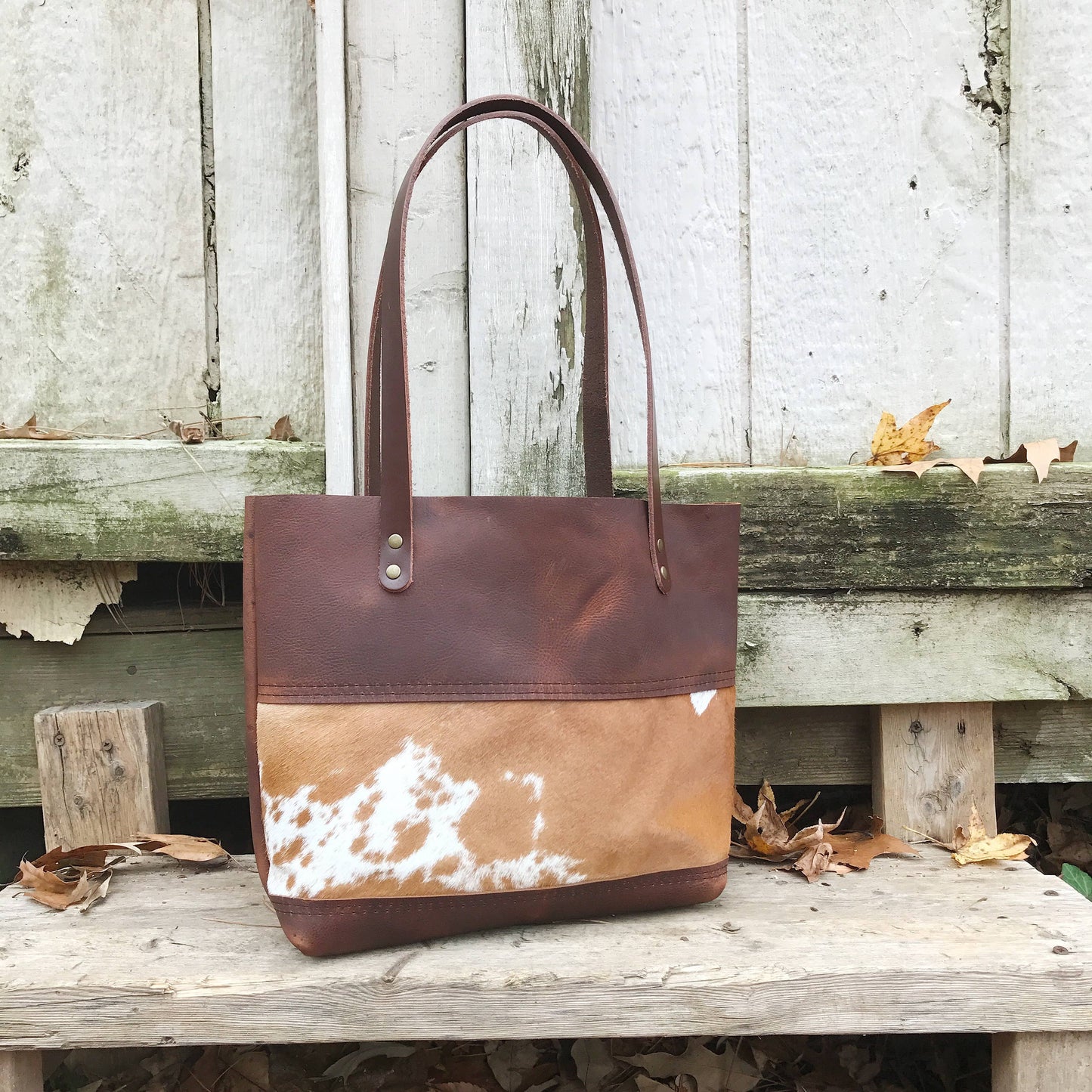Hawks & Doves - Leather Tote with Cowhide Panel - Short Tricolor / Black