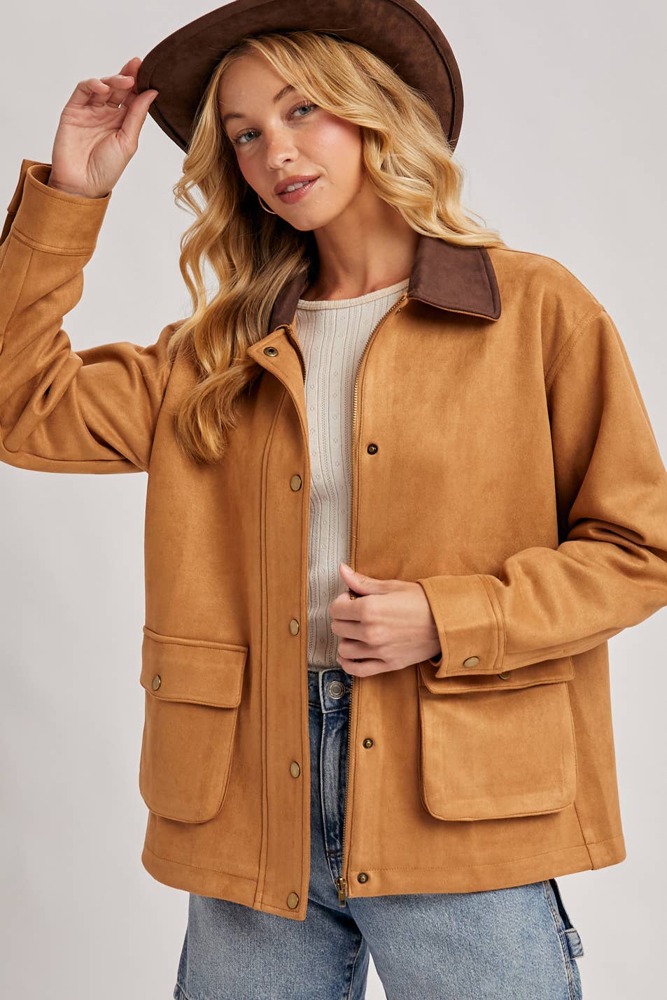 Bluivy - BUTTON DOWN FAUX SUEDE BARBOUR JACKET: CAMEL