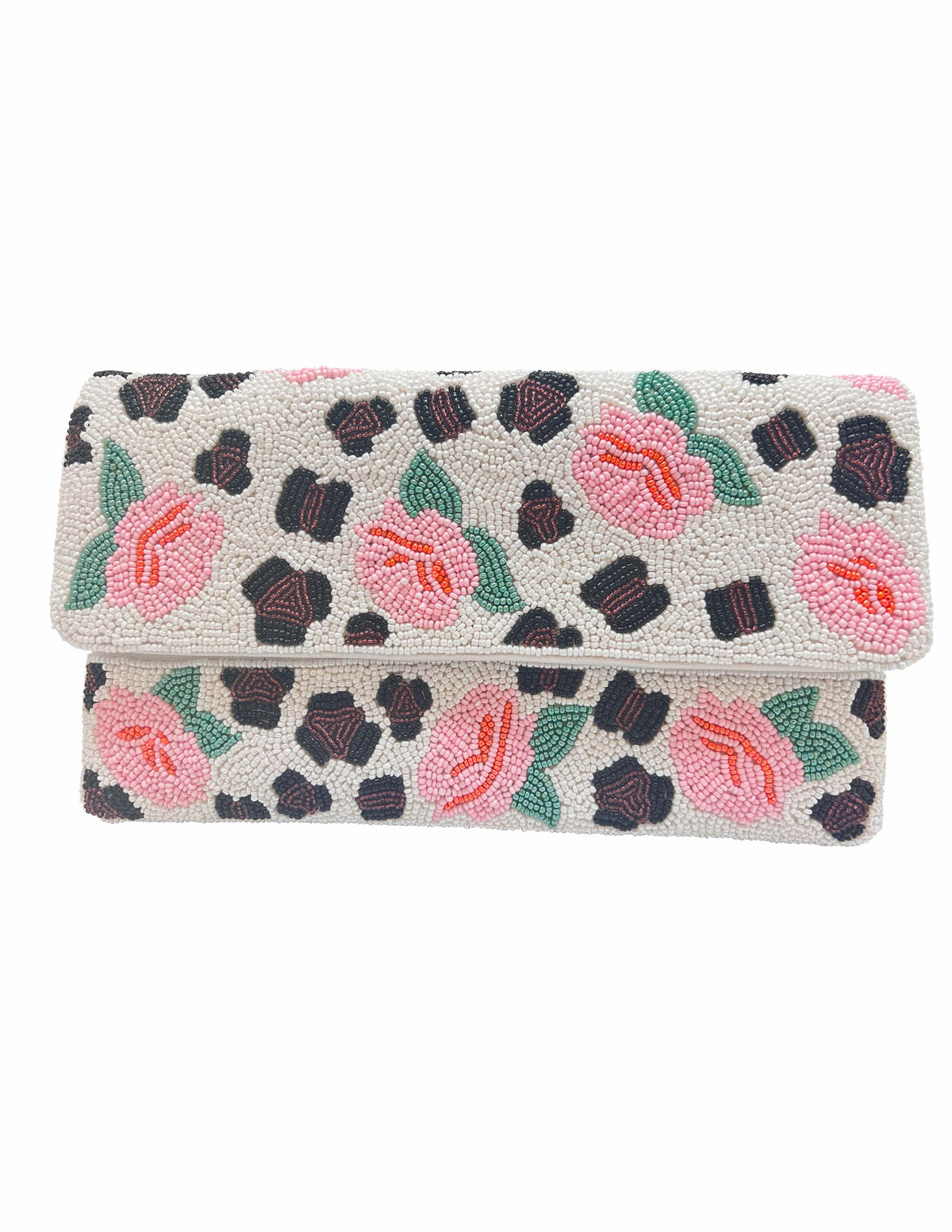 Pink Flowers & Animal Print Beaded Clutch