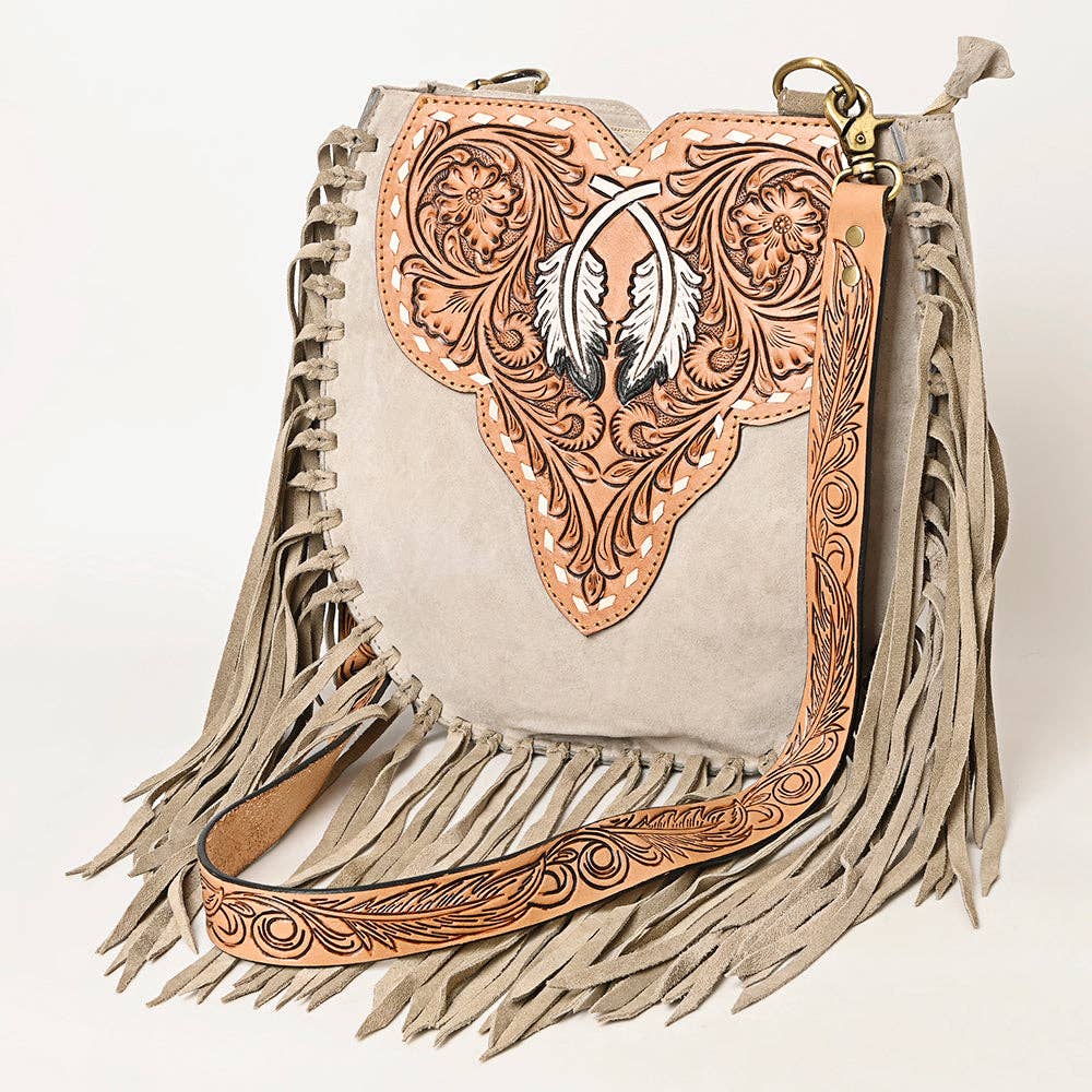 American Darling Western Feather Tooled Leather Large Crossbody Bag with Fringe