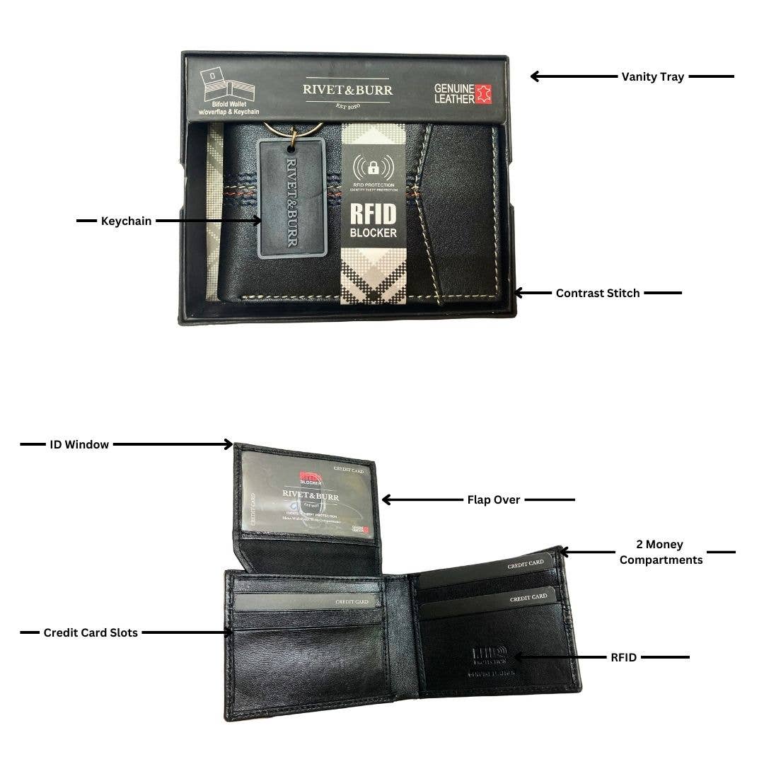 Contrast Stitch Bifold Wallet w/ Vanity Tray & Keychain