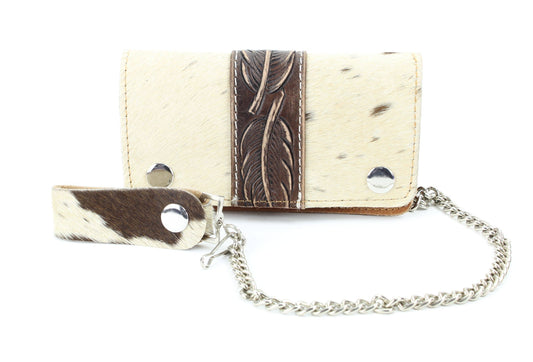 Tan hair on hide tooled leather chain wallet