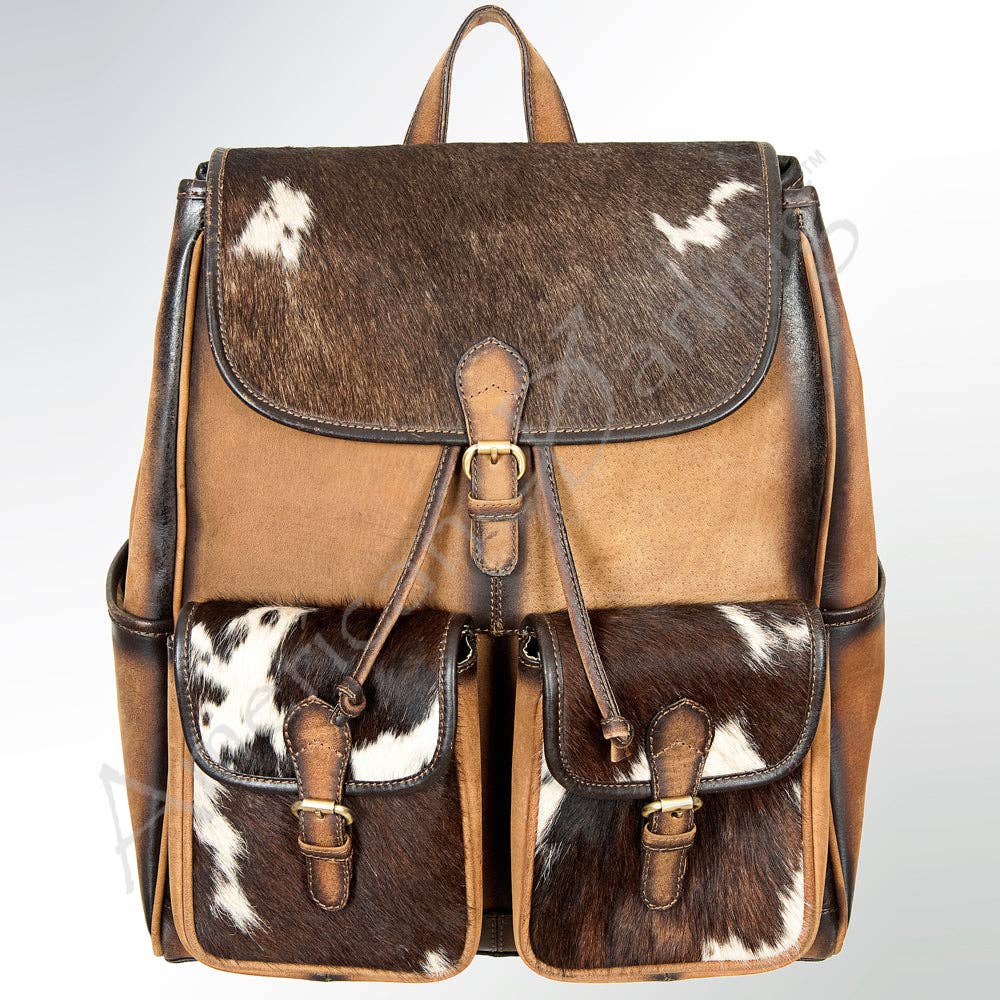 Hair-On Hide & Leather Western Backpack - Dual Pocket Drawstring Travel Bag: ADBGI122B