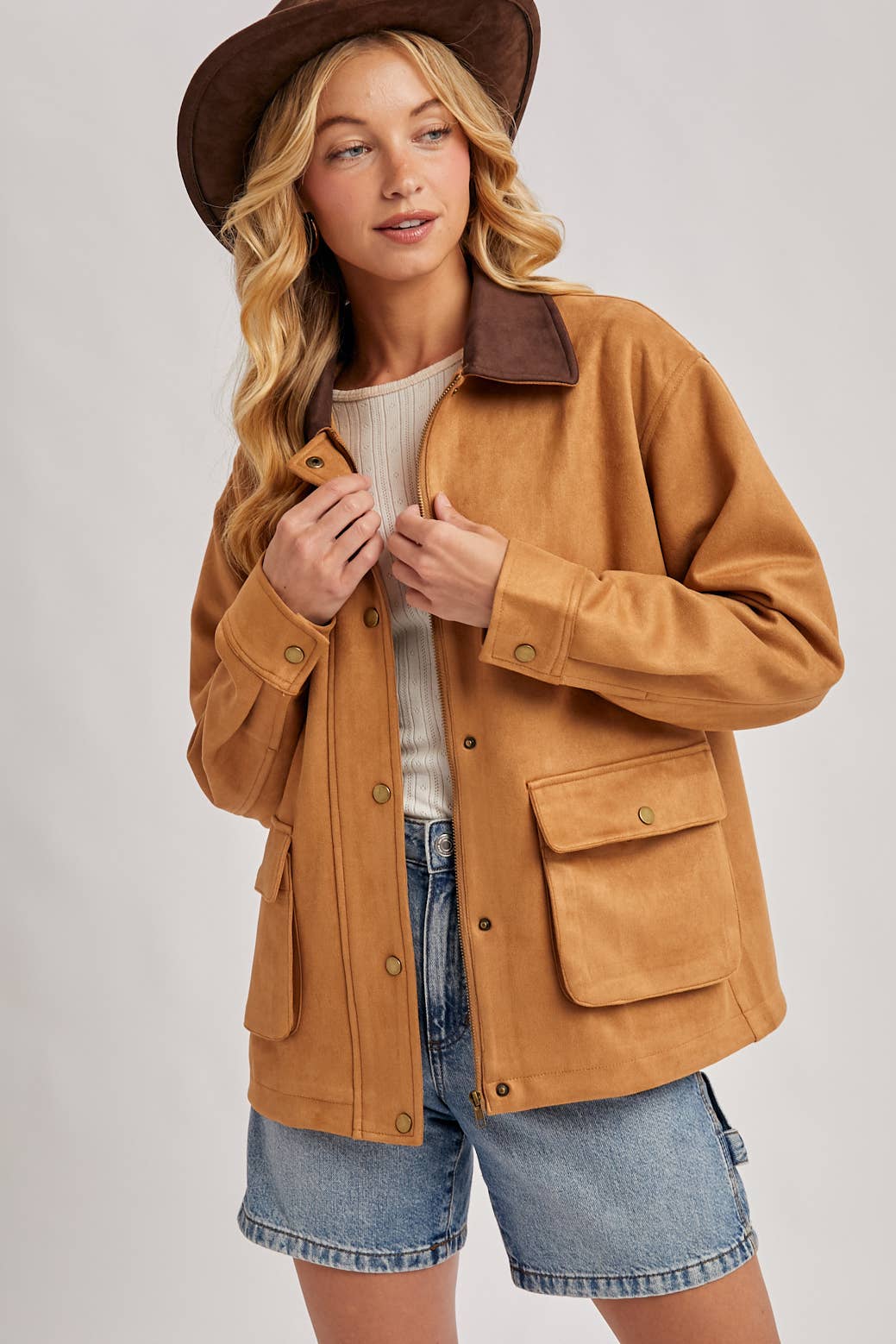 Bluivy - BUTTON DOWN FAUX SUEDE BARBOUR JACKET: CAMEL