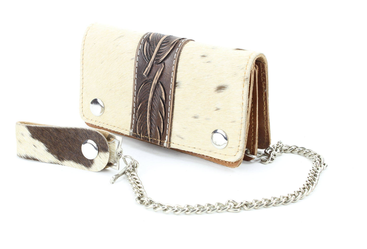 Tan hair on hide tooled leather chain wallet
