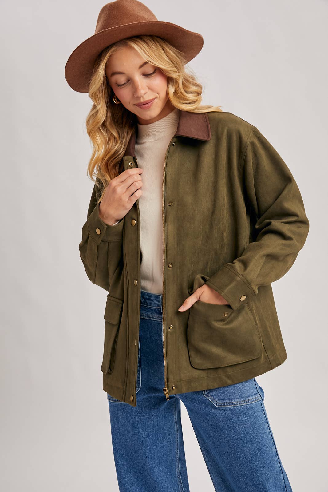Bluivy - BUTTON DOWN FAUX SUEDE BARBOUR JACKET: OLIVE