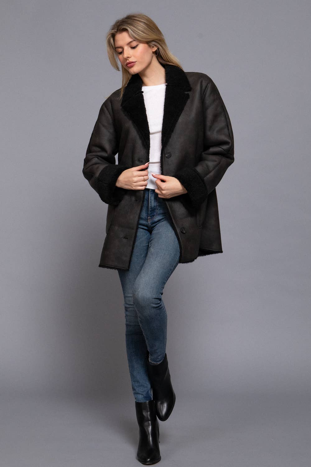 Lapel Collar Button Down Double Sided Faux Leather Coat