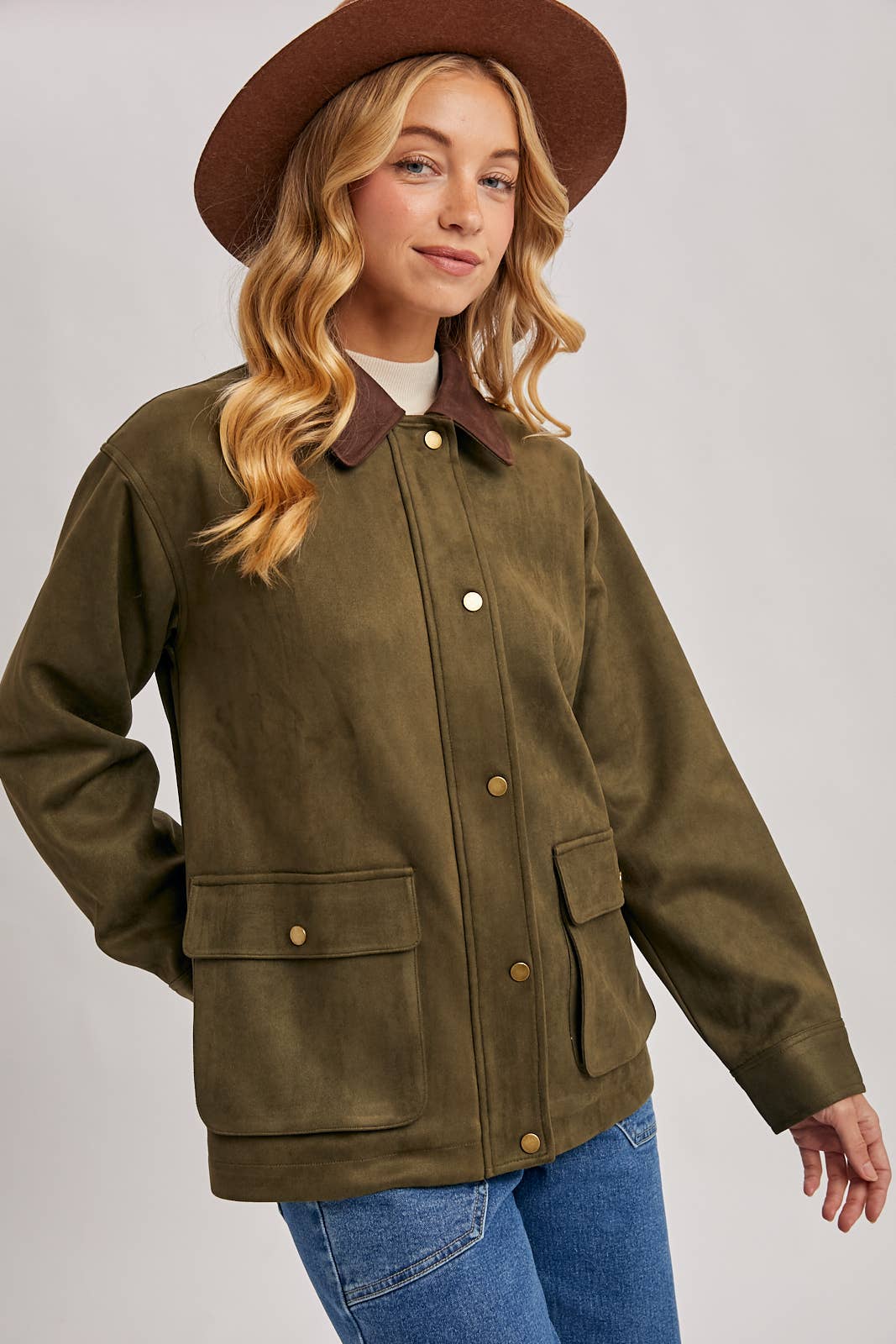 Bluivy - BUTTON DOWN FAUX SUEDE BARBOUR JACKET: OLIVE