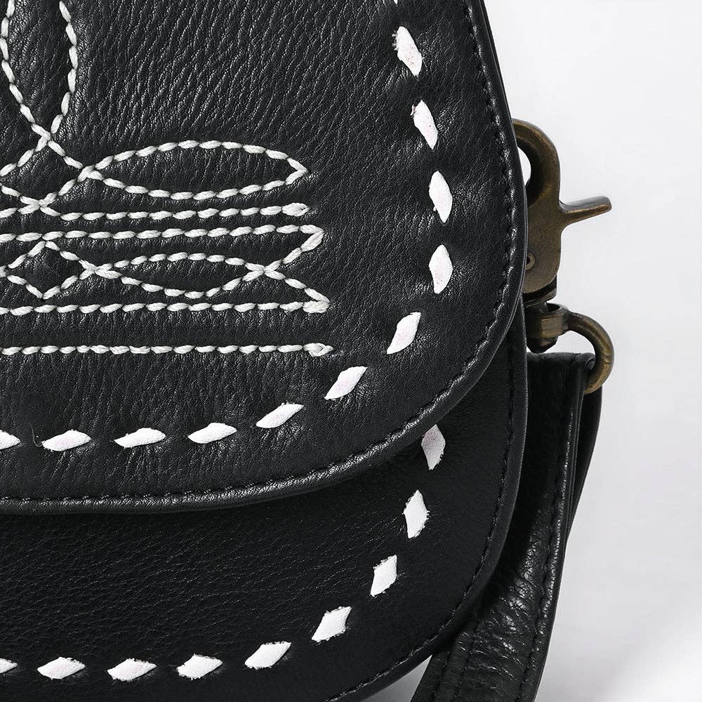 Western Stitch Black Leather Crossbody - Cowgirl Saddle Purse: ADBGM592A