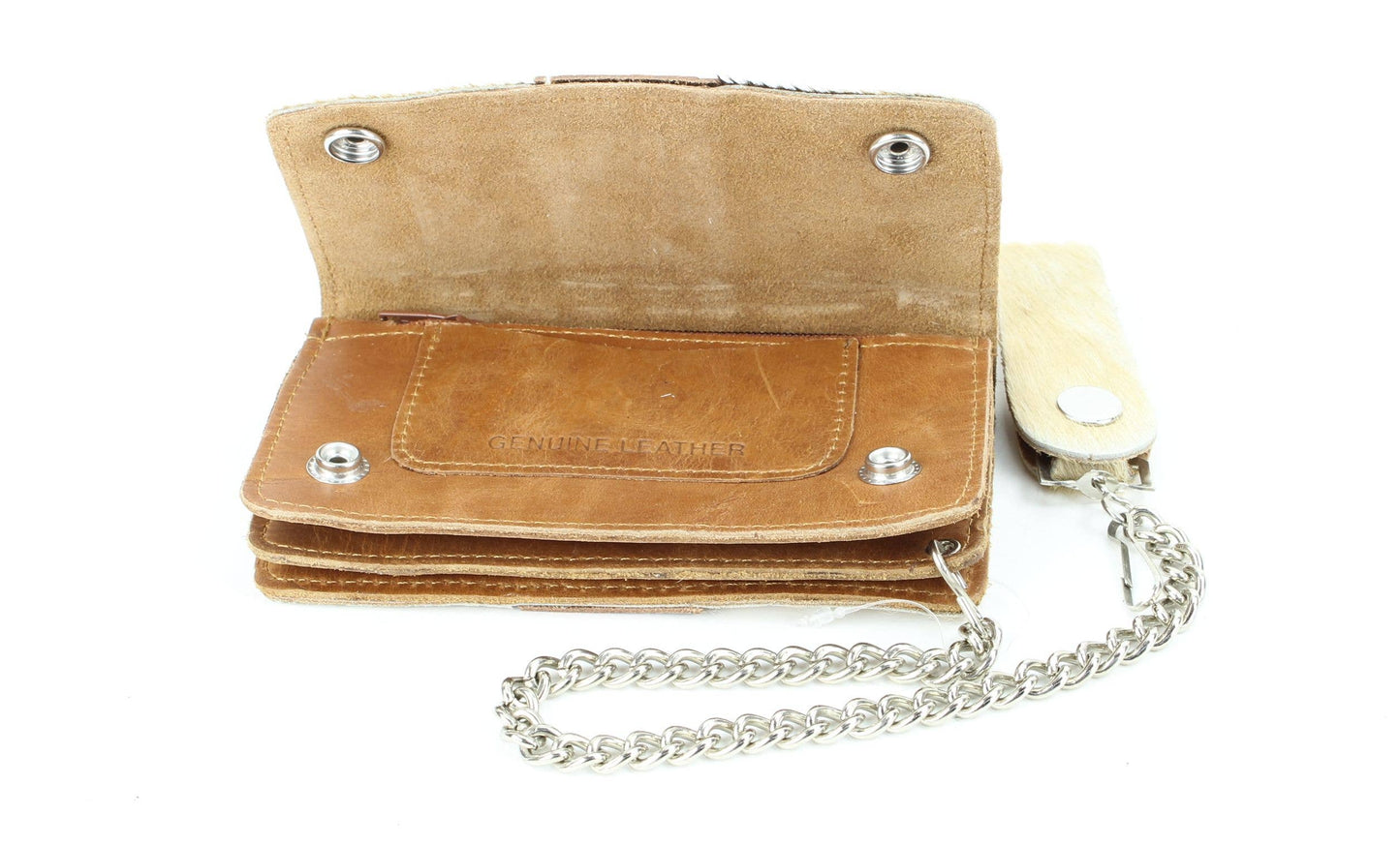 Brown hair on hide tooled leather chain wallet