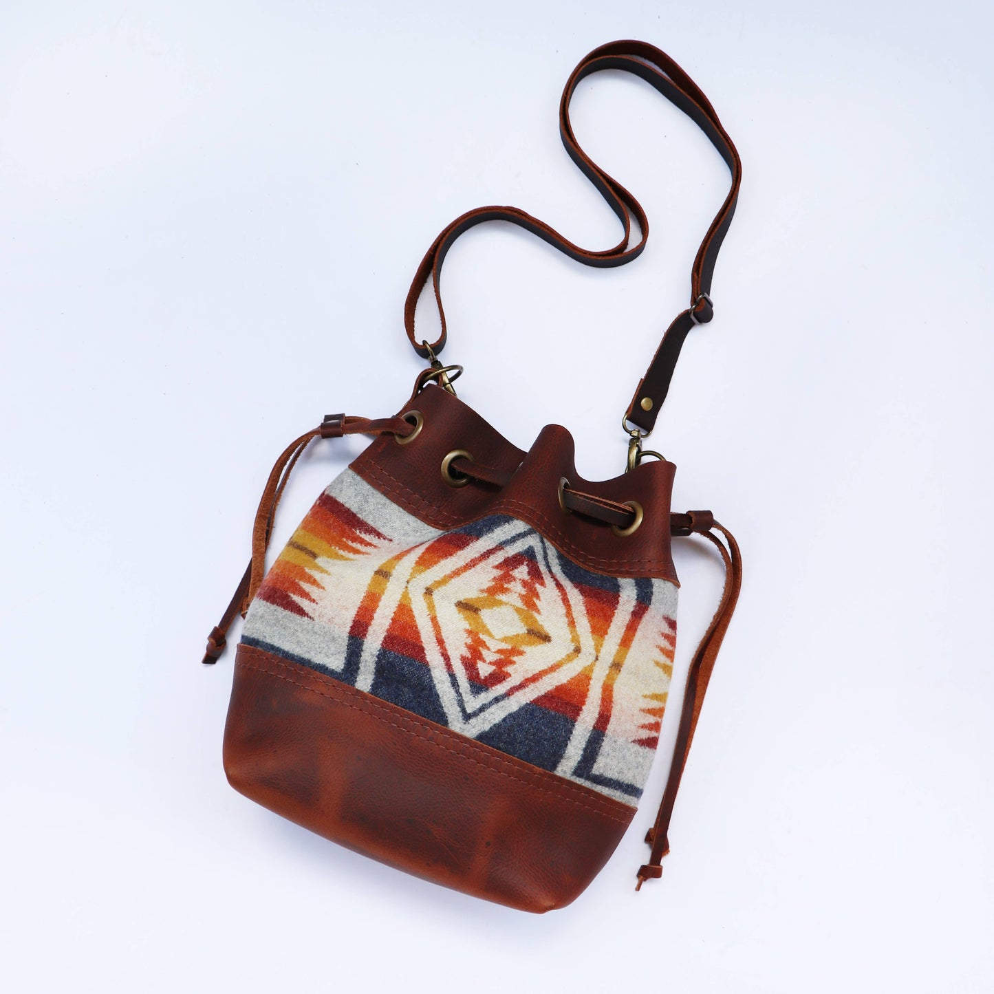Hawks & Doves - Convertible Drawstring Leather Bag with Wool: Brown / Blue Arroyo