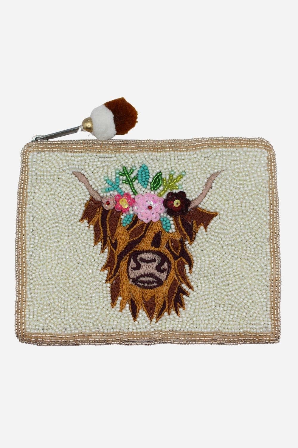 Highland Cow Embroidered and Beaded Coin Pouch