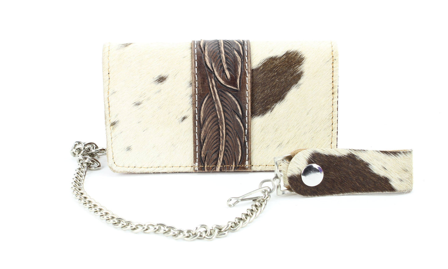 Tan hair on hide tooled leather chain wallet