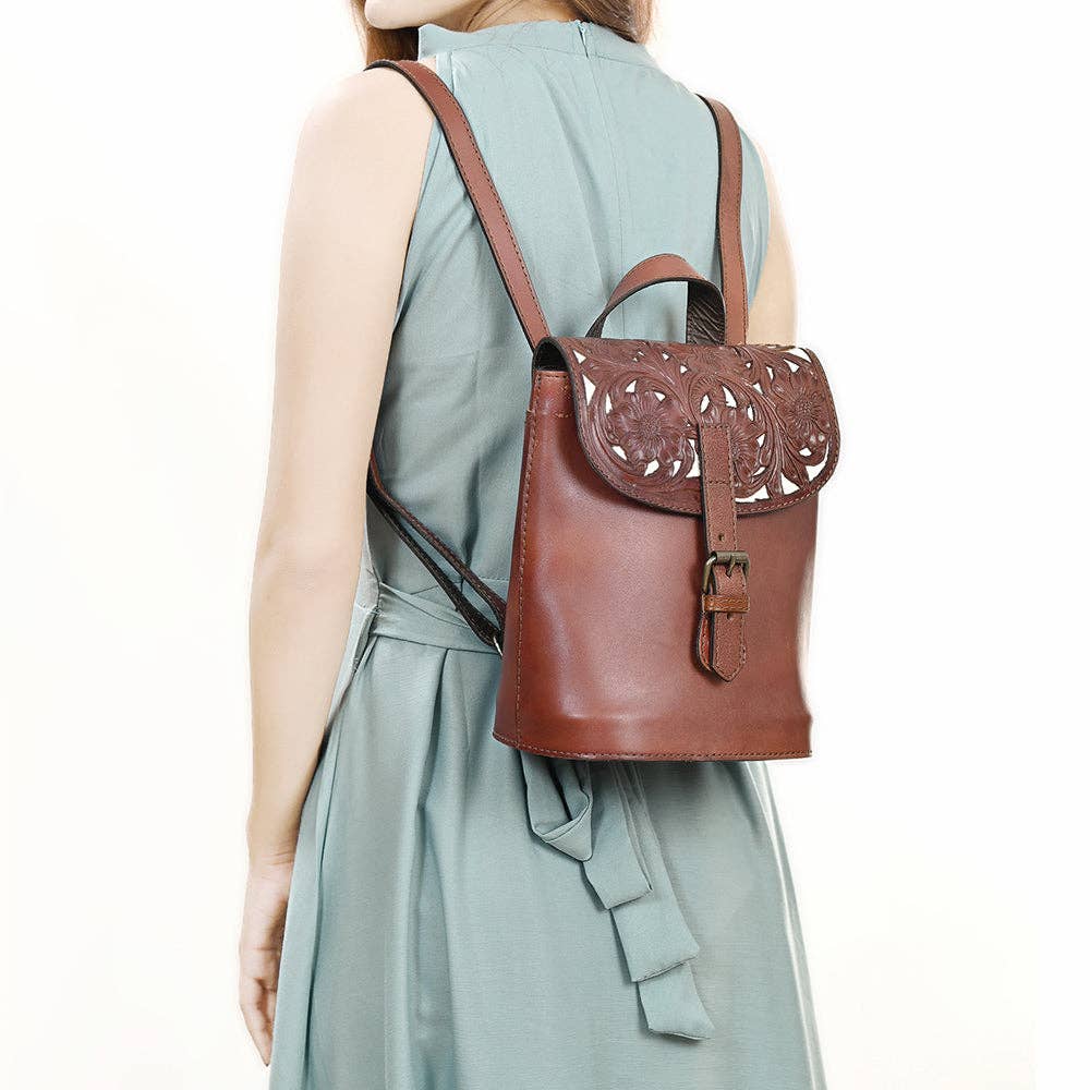 Backpack Genuine Leather Hand tooled backpack - brown