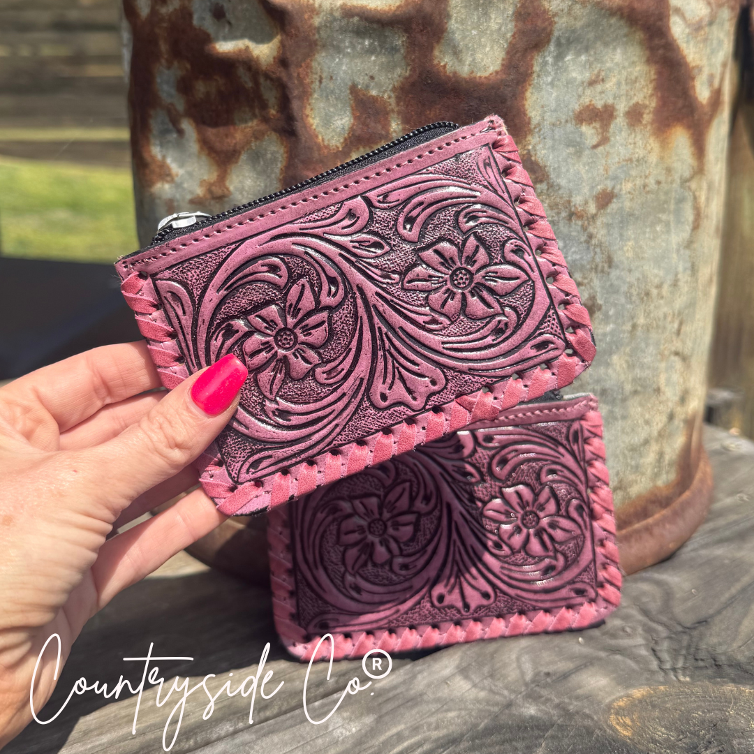 Tooled Leather Pouch, Bag Organizer Pink