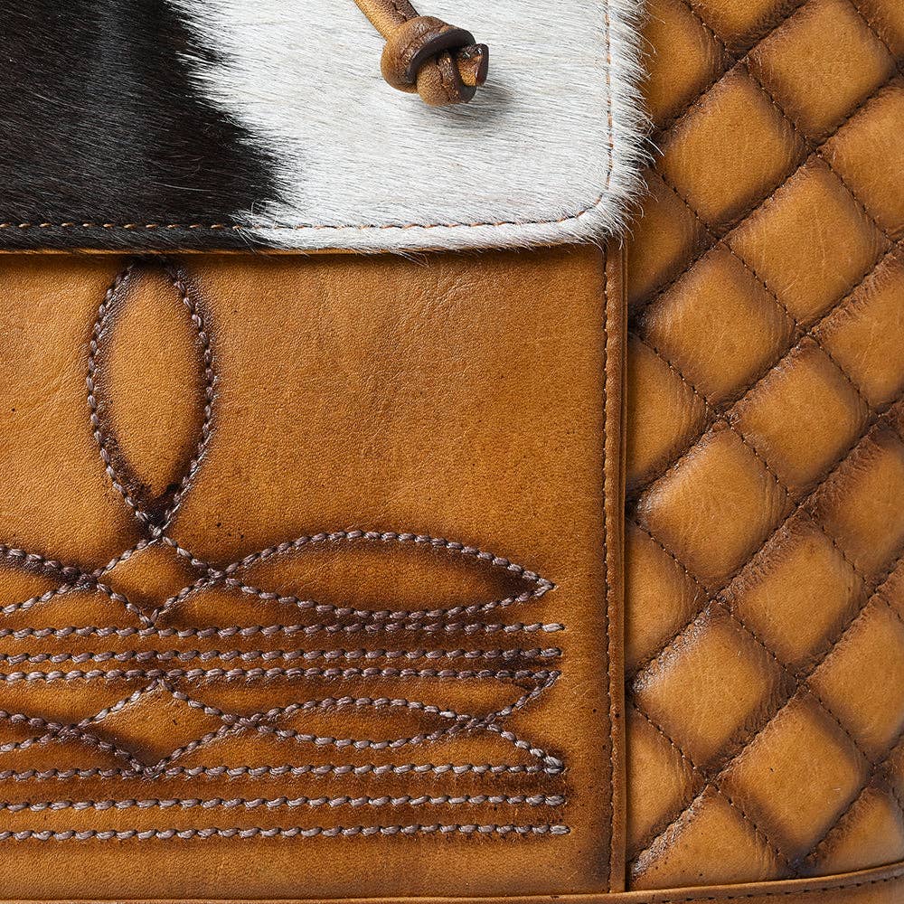 Quilted Leather & Cowhide Boot Stich Western Backpack - Handcrafted Drawstring Rodeo Bag