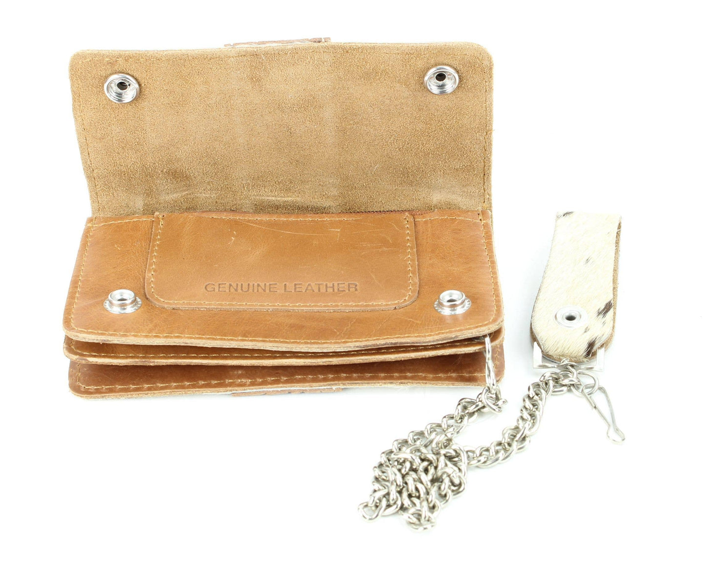 Tan hair on hide tooled leather chain wallet