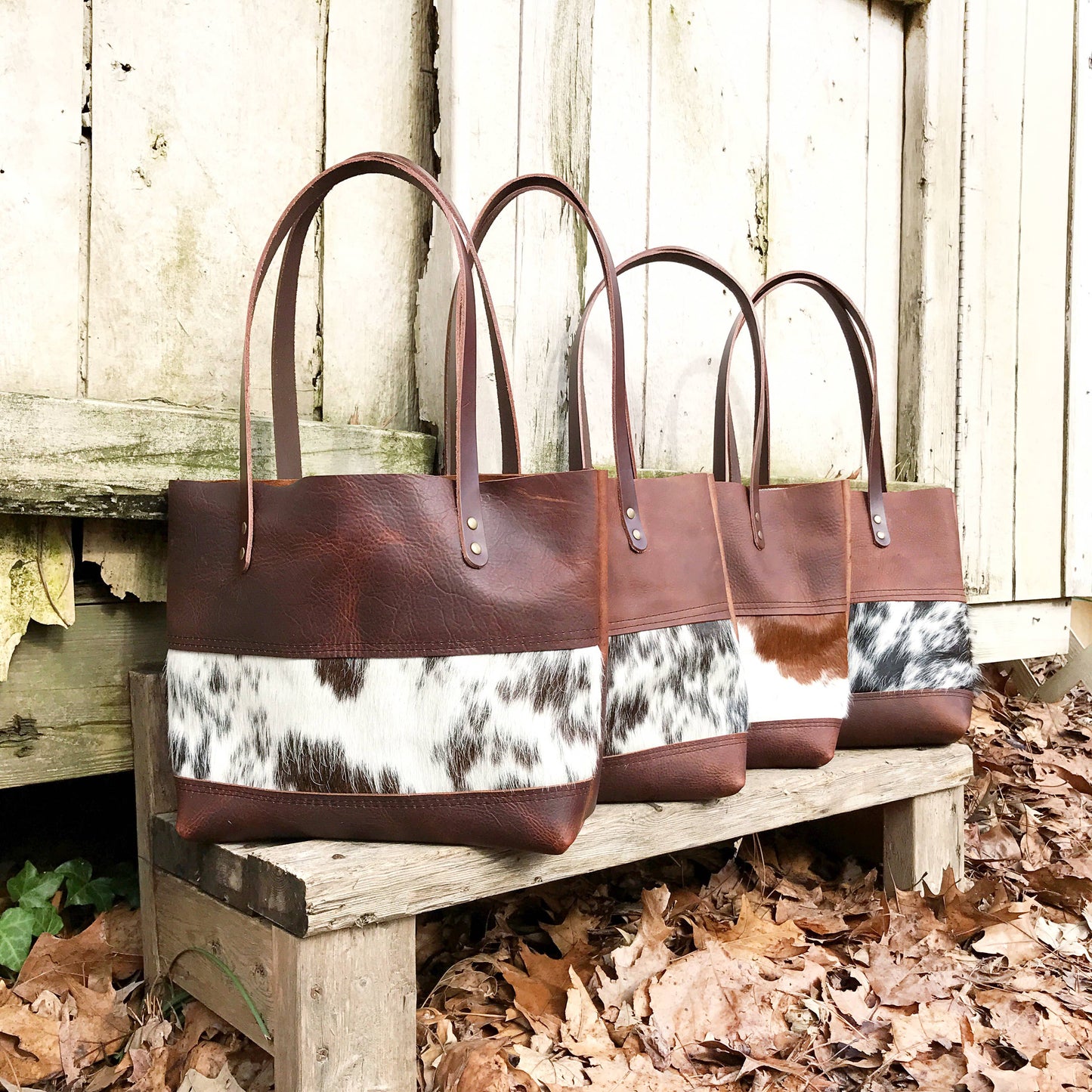 Hawks & Doves - Leather Tote with Cowhide Panel - Short Tricolor / Black