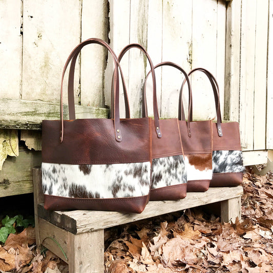 Hawks & Doves - Leather Tote with Cowhide Panel - Short Tricolor / Black
