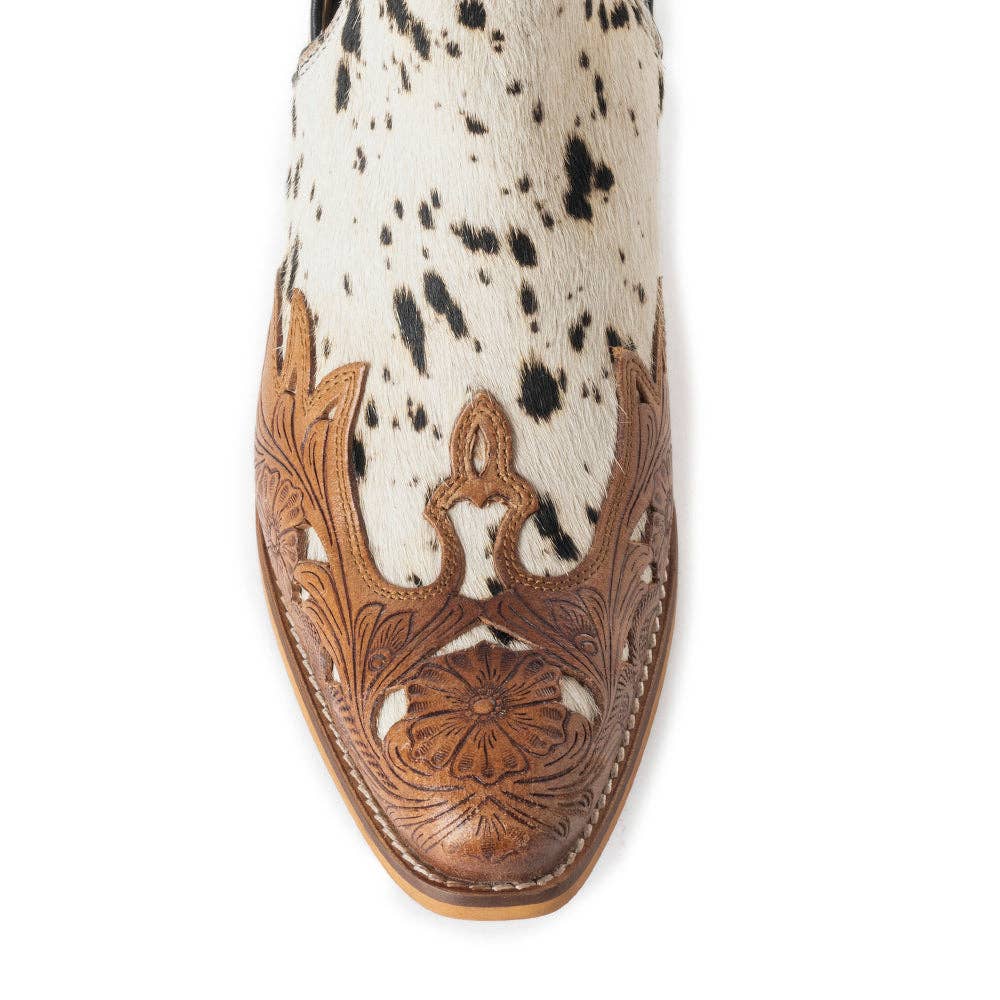 West Street Western Hand-Tooled Booties: Black And White