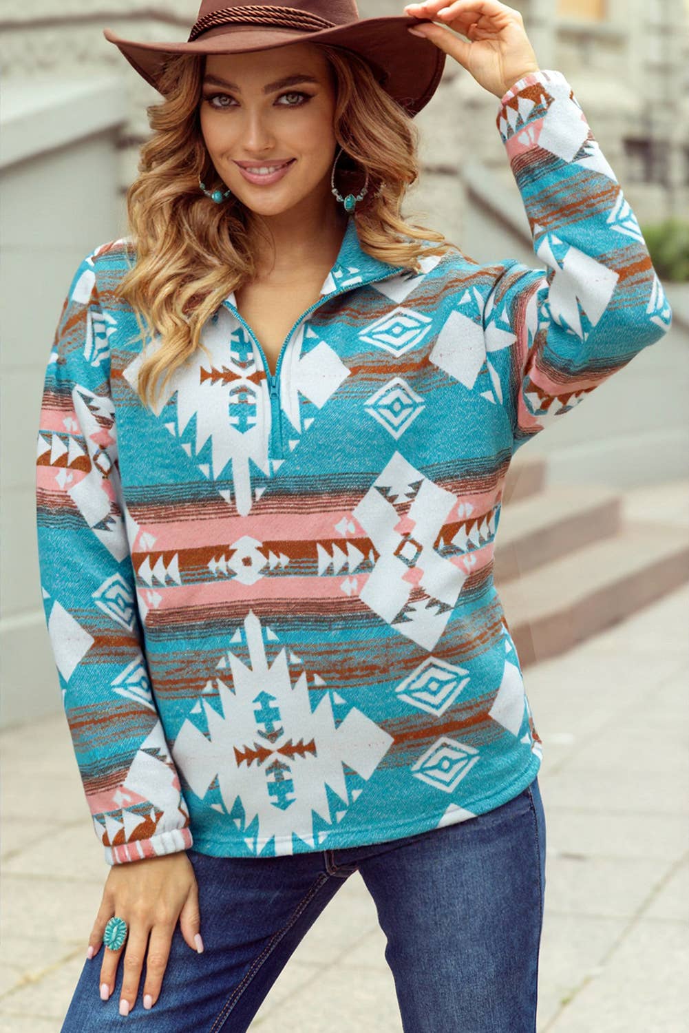 Quarter Zip Elastic Cuffs Western Pullover: Khaki