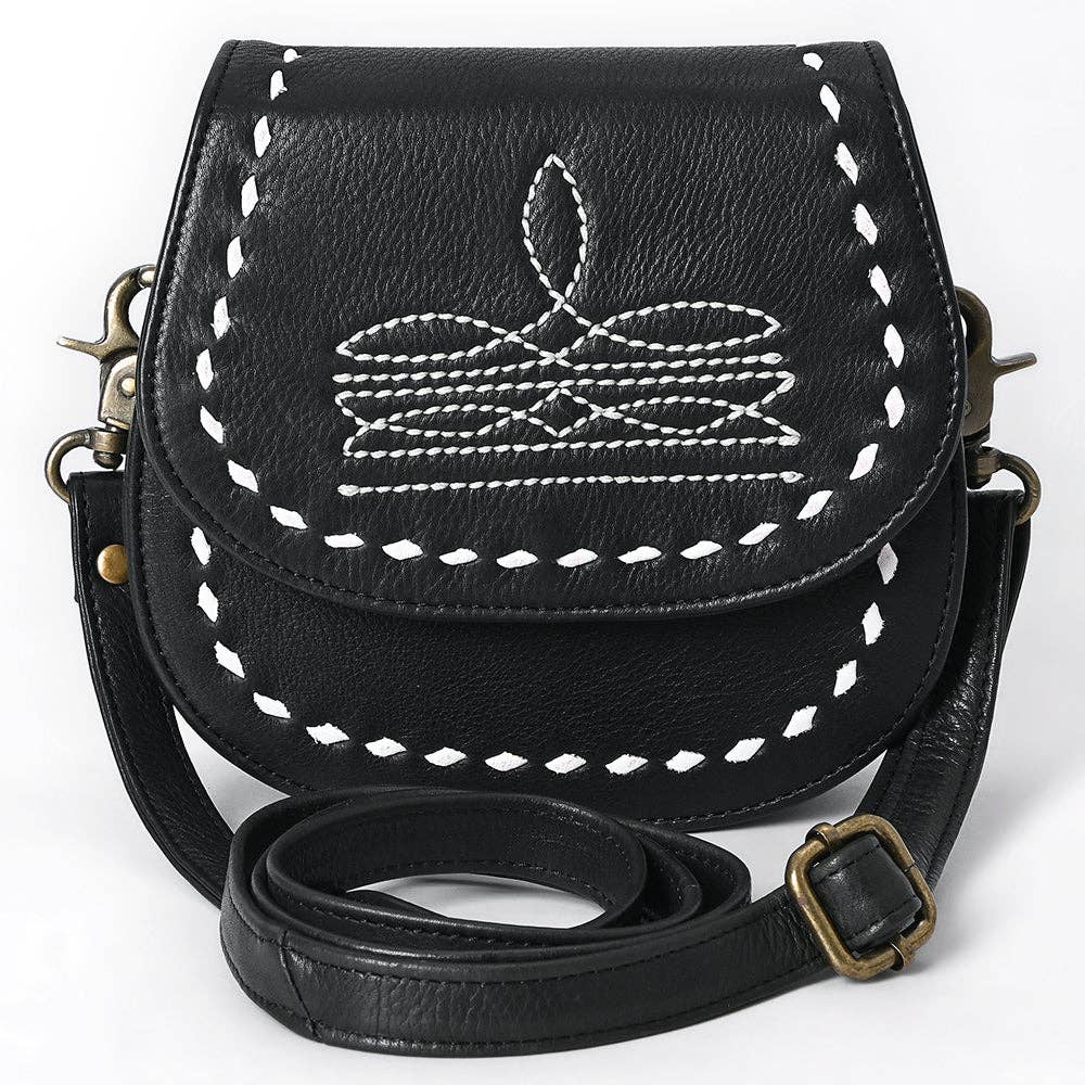 Western Stitch Black Leather Crossbody - Cowgirl Saddle Purse: ADBGM592A