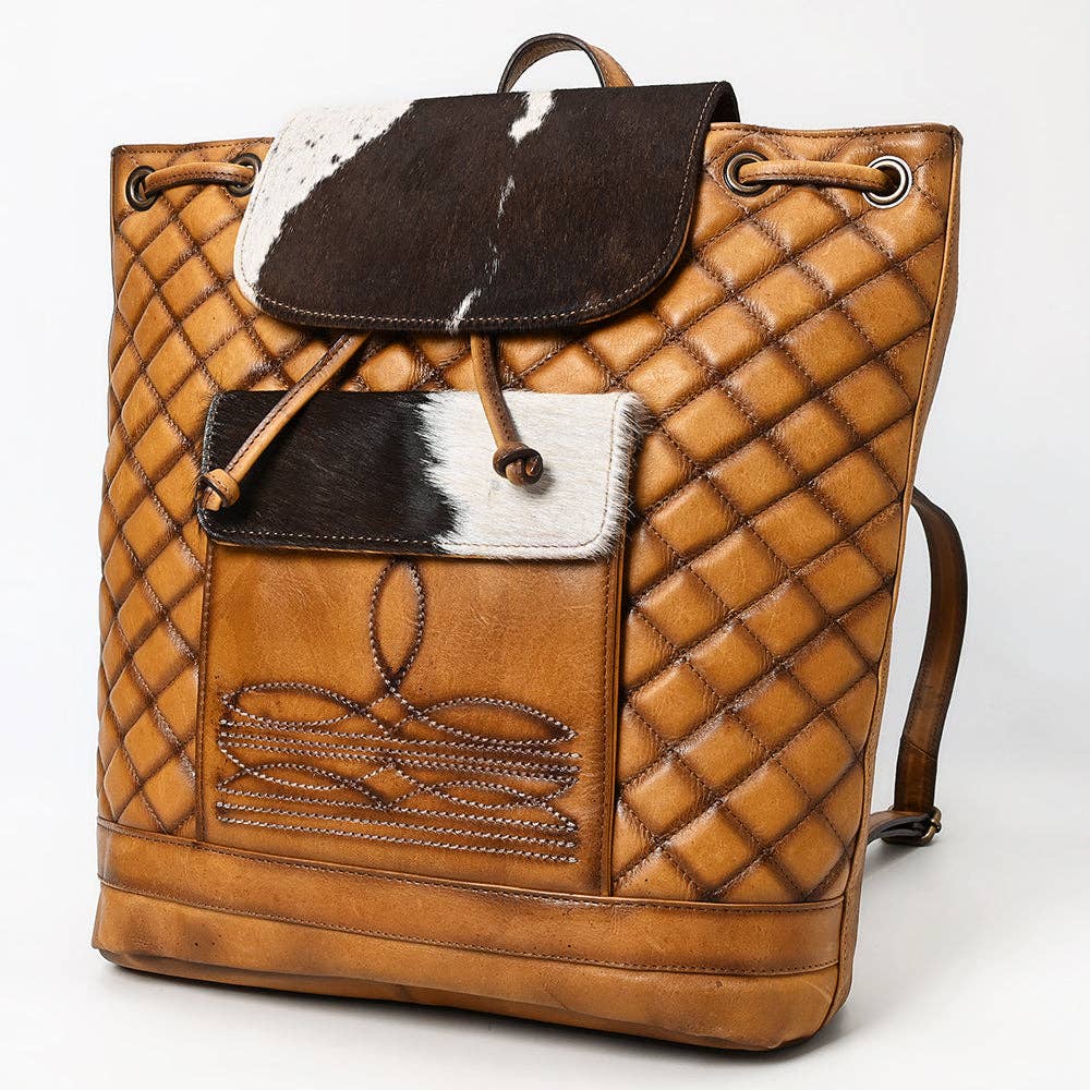 Quilted Leather & Cowhide Boot Stich Western Backpack - Handcrafted Drawstring Rodeo Bag