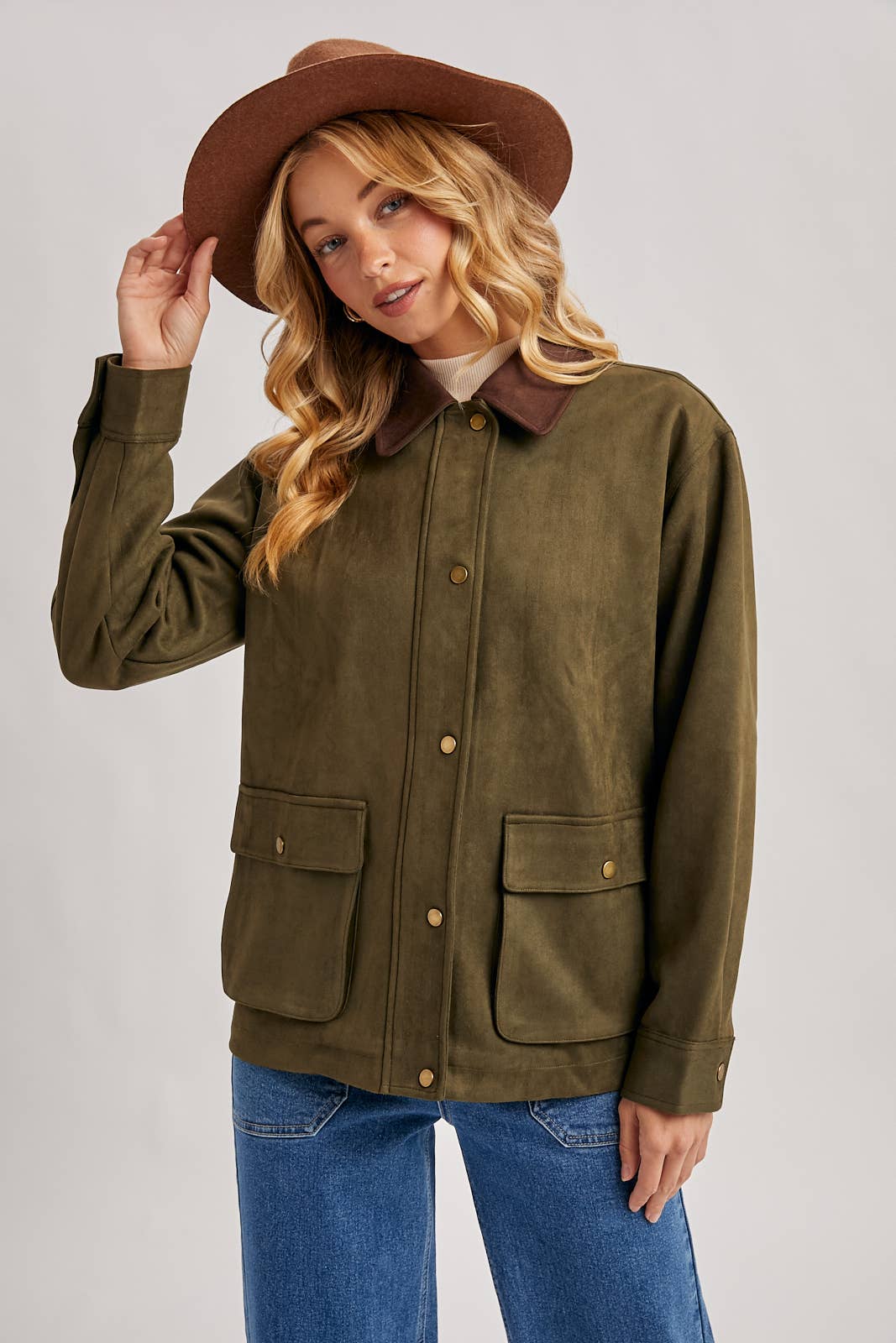 Bluivy - BUTTON DOWN FAUX SUEDE BARBOUR JACKET: OLIVE