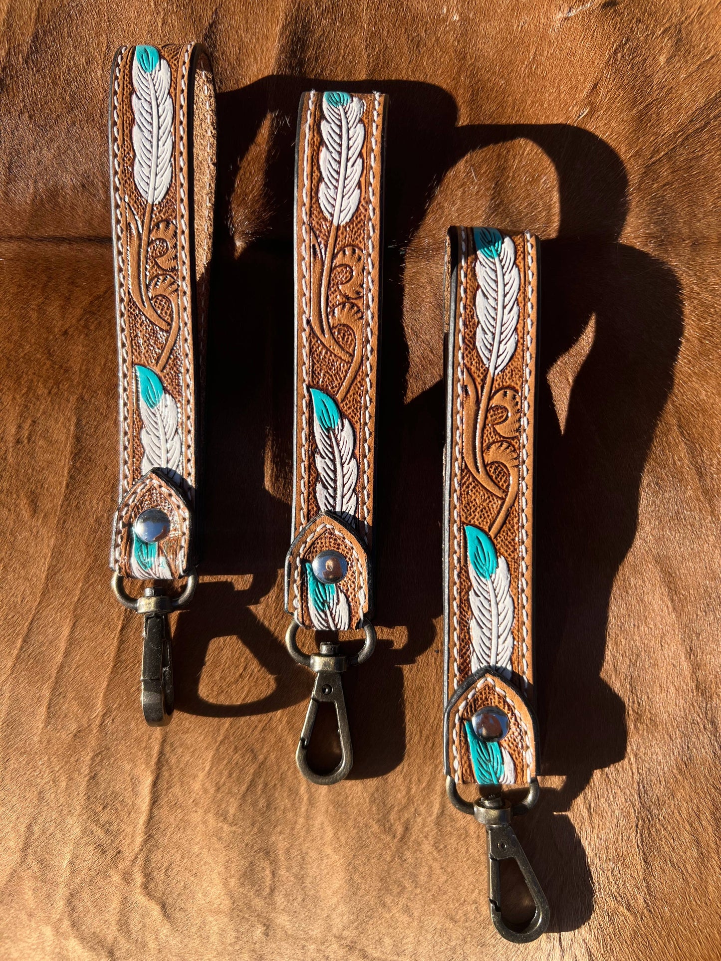 Tooled Leather Western Feather Wrist Strap Keychain - Feather
