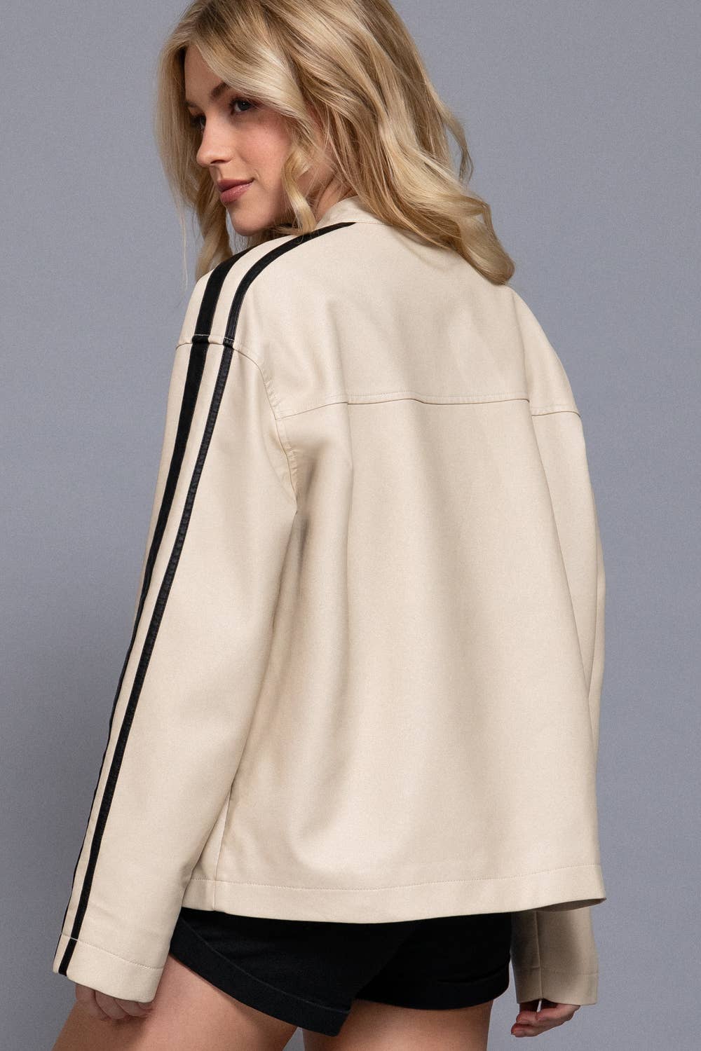 Long Sleeve Line Detail Washed Effect Faux Leather Jacket