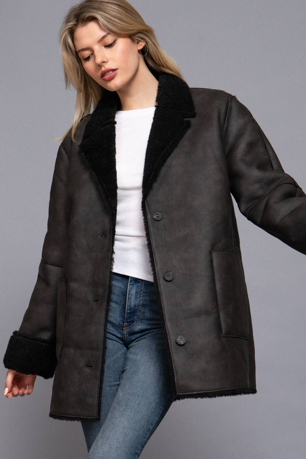 Lapel Collar Button Down Double Sided Faux Leather Coat