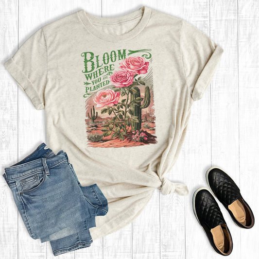 Western Cactus Bloom Where You Are Planted Graphic Tee: Oat