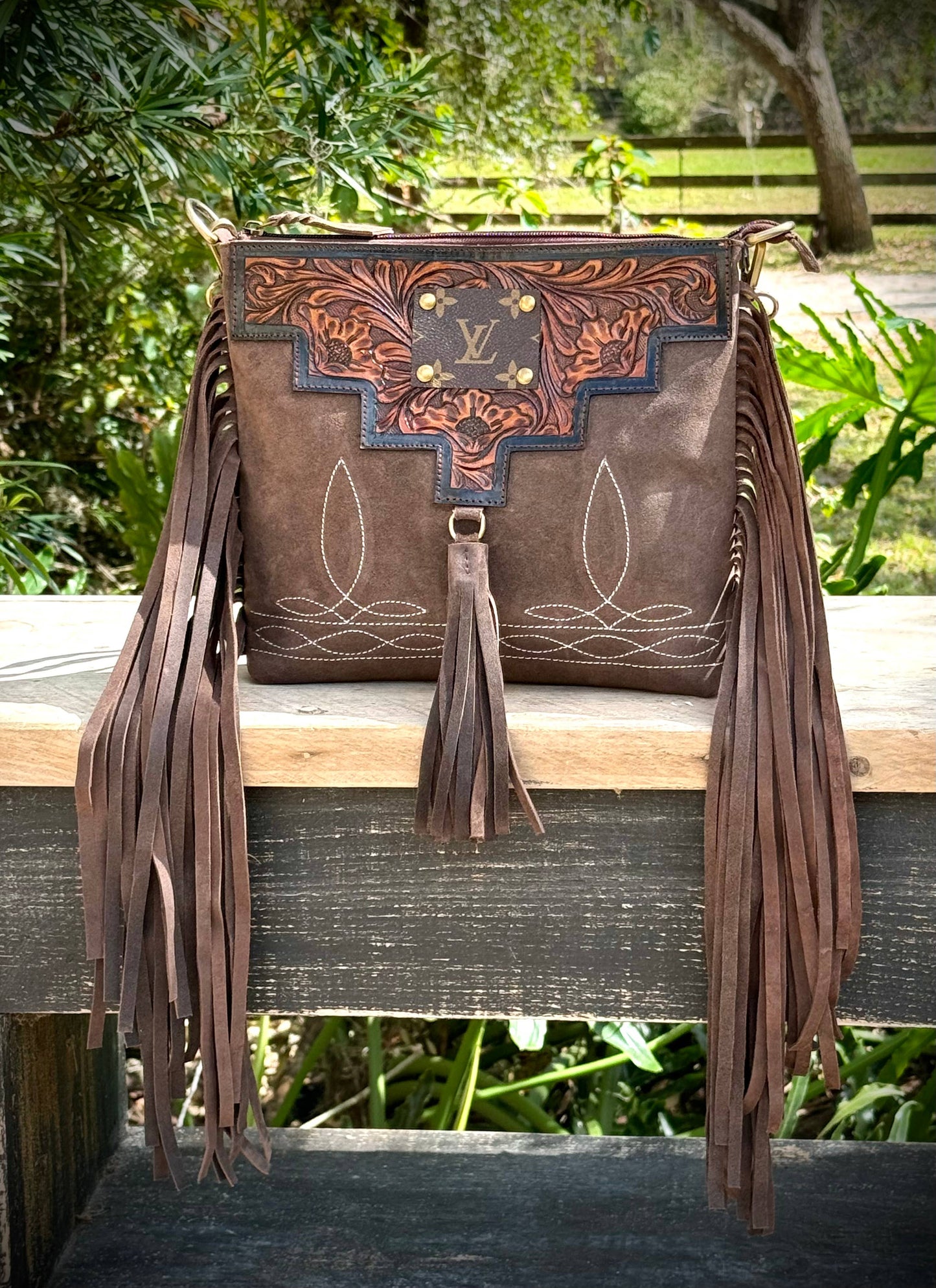 Upcycled LV Leather Suede Boot Stitch Fringe Crossbody Bag