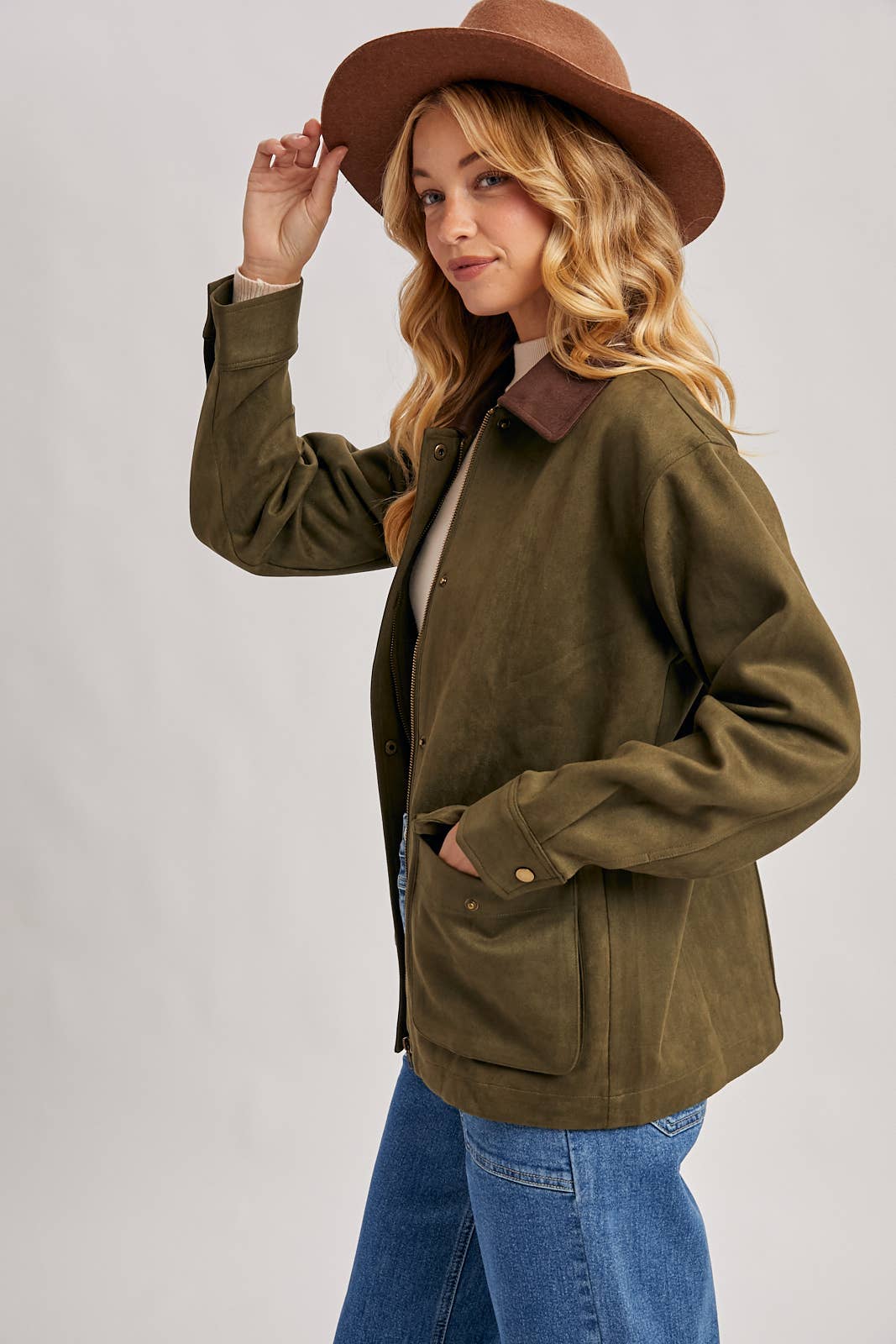 Bluivy - BUTTON DOWN FAUX SUEDE BARBOUR JACKET: OLIVE