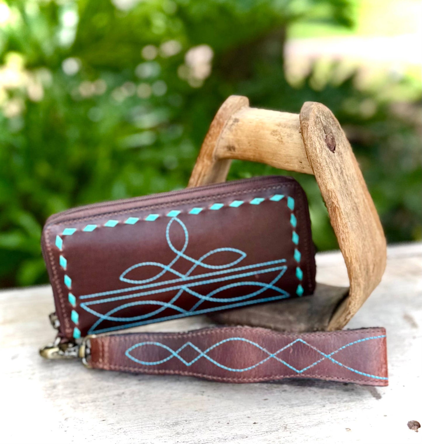 Leather Boot Stitch Zipper Wallet Wristlet